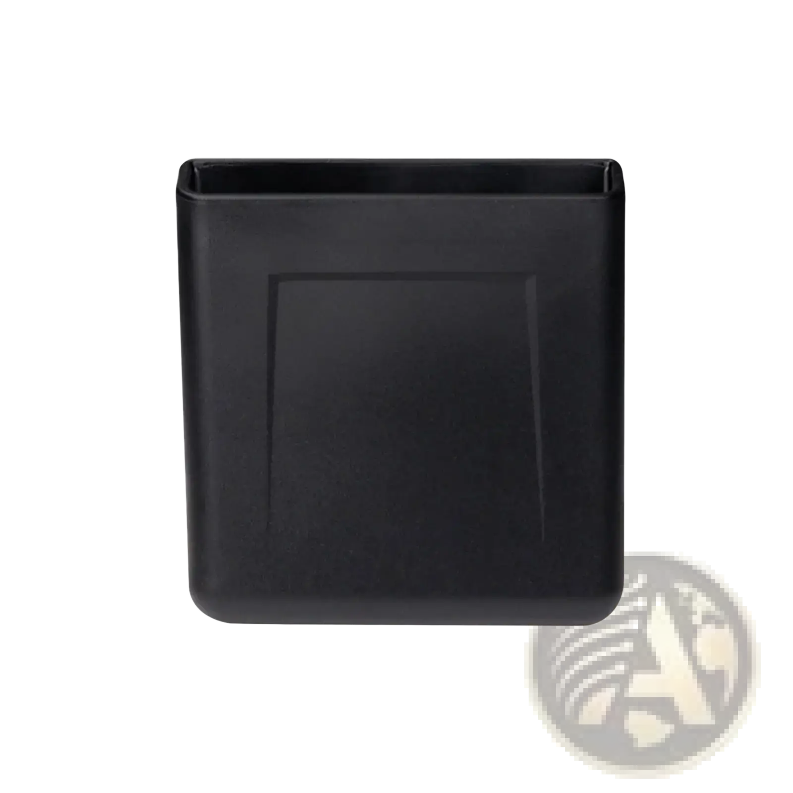 Black rectangular plastic car storage organizer with rounded edges and recessed panel for dash pocket mount