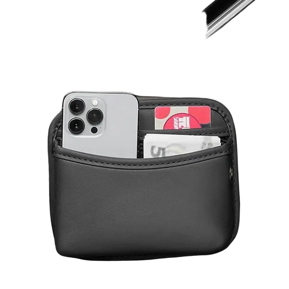 Black faux leather car storage pocket with multiple compartments for cards and cash adhesive organizer