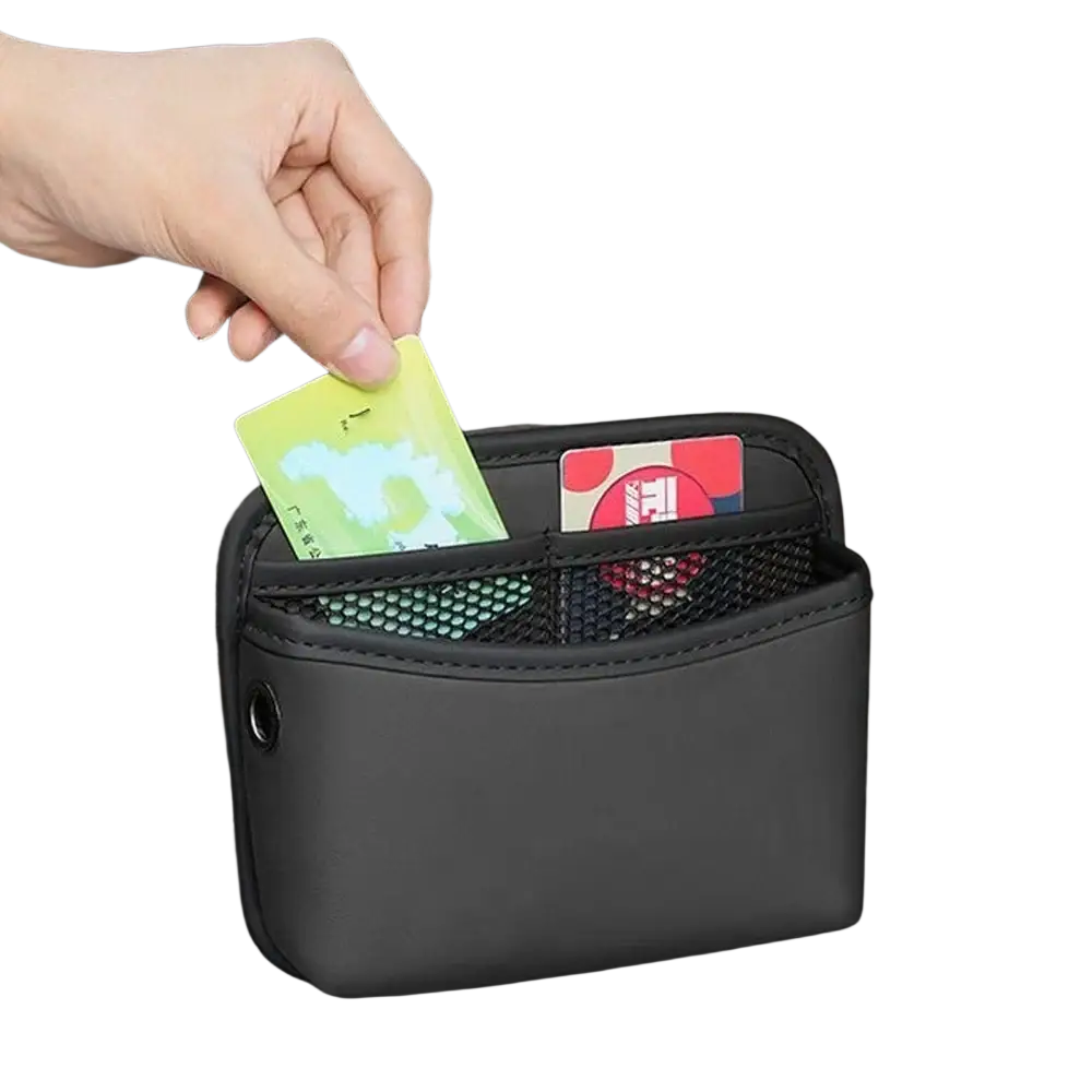 Black car door organizer with mesh pockets and adhesive faux leather exterior for car storage use