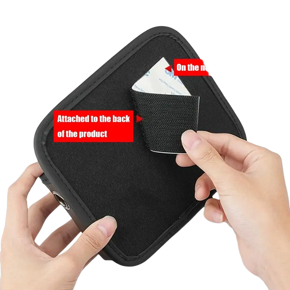 Black faux leather car storage pocket with adhesive strip for mounting and organizing phone in vehicle interior