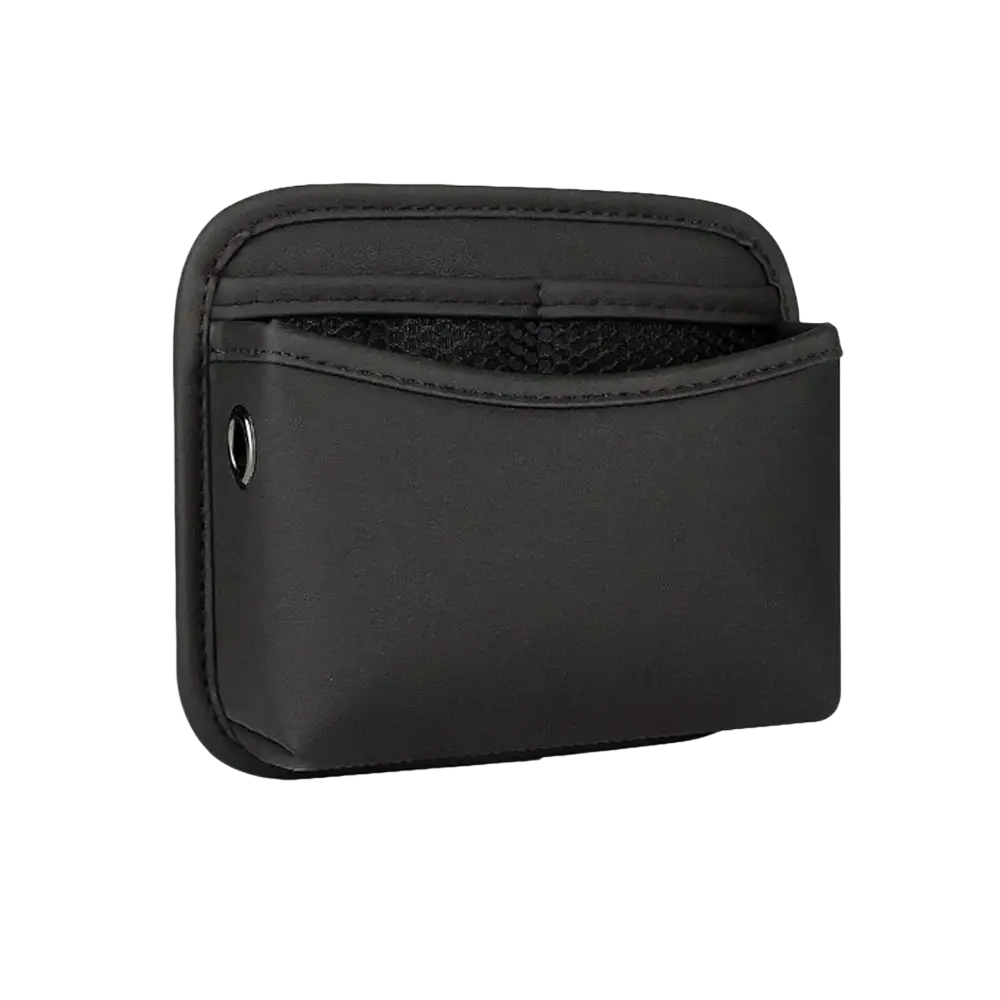 Black neoprene car storage pocket with mesh interior and small circular cutout for adhesive faux leather organizer