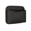 Black neoprene car storage pocket with mesh interior and small circular cutout for adhesive faux leather organizer