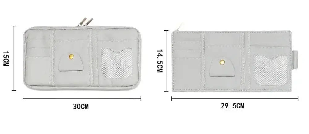Light gray premium leather car sun visor storage organizer with cat-shaped mesh pockets and gold-tone snap button closure