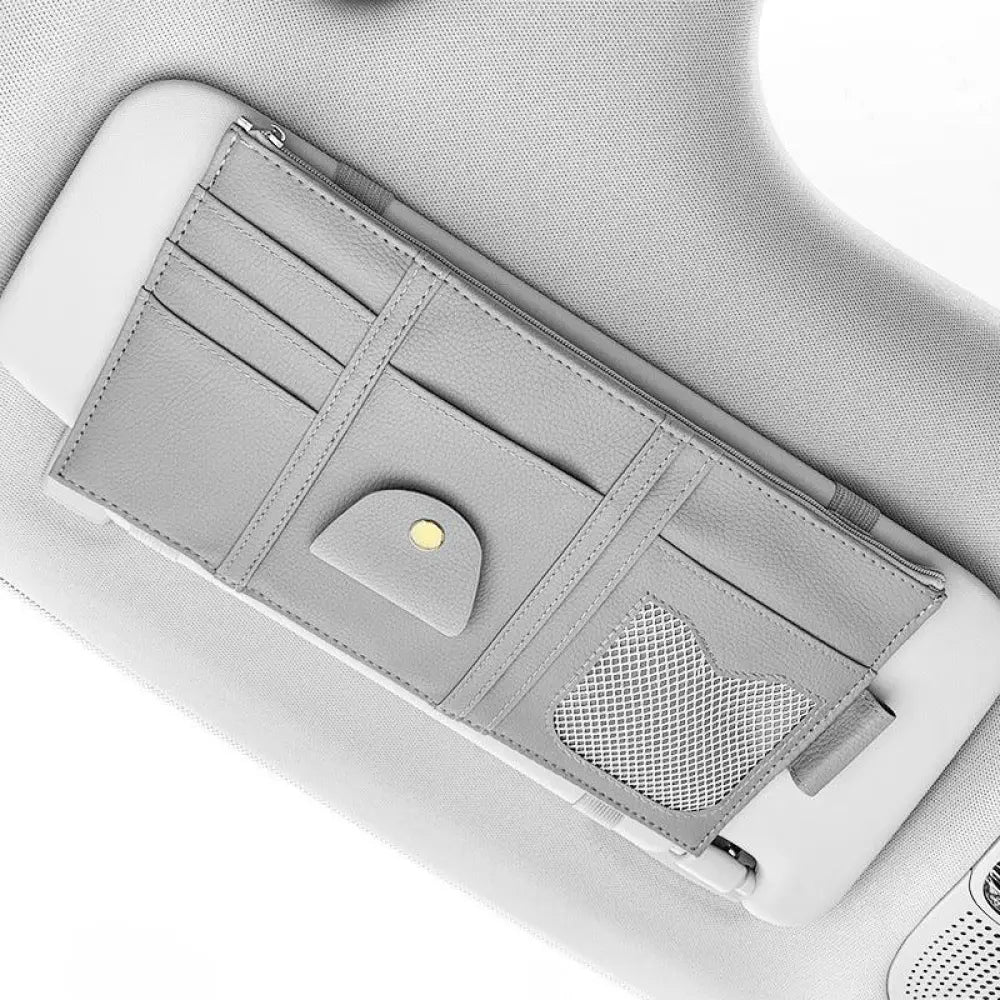 Gray leather premium car sun visor storage organizer with multiple card slots mesh pocket and zipper closure