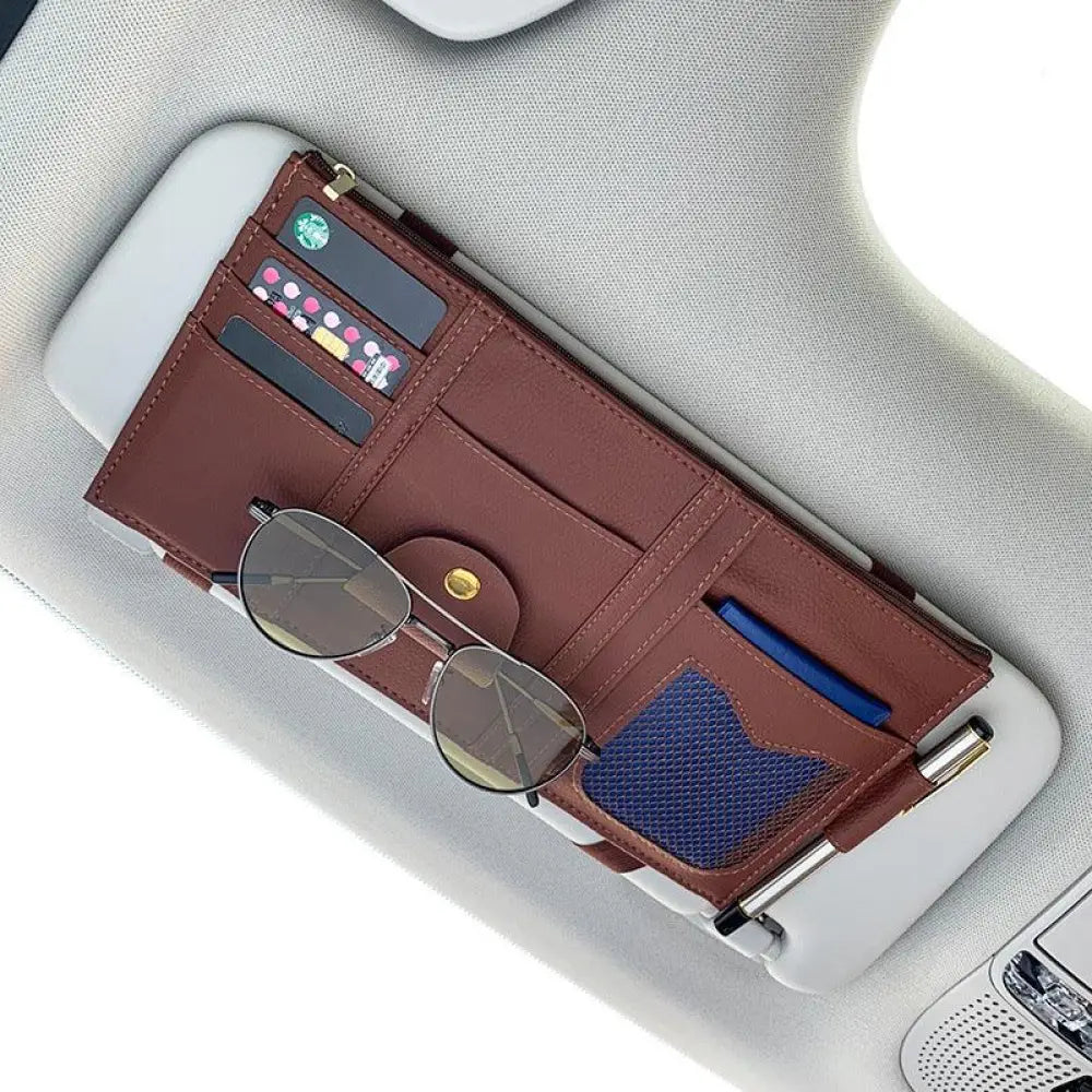 Brown leather car sun visor storage organizer with multiple card slots mesh pocket and sunglasses clips