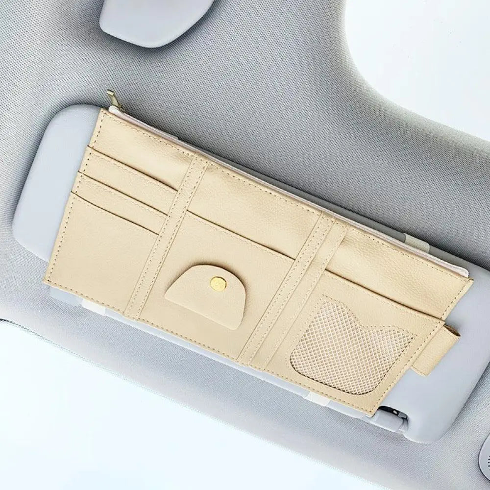 Beige leather premium car sun visor storage organizer with multiple card slots mesh pocket and snap closure