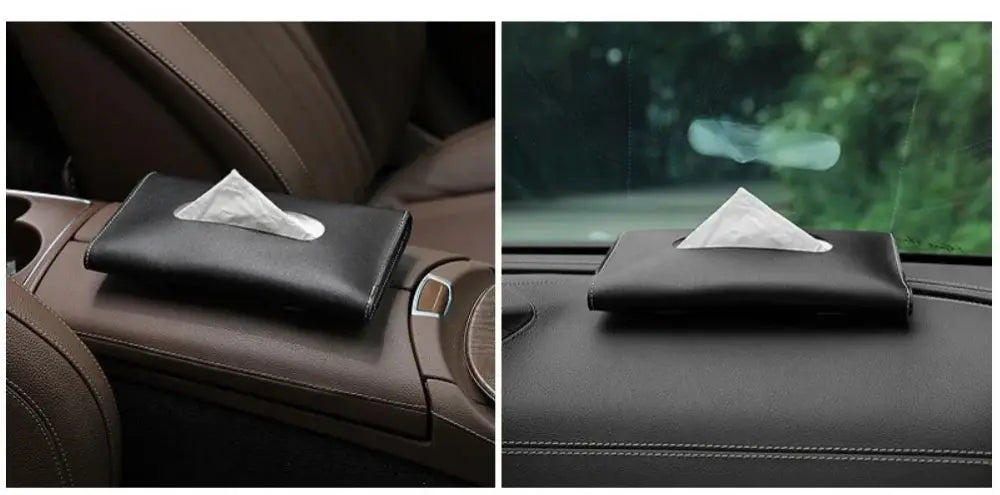 Black leather premium car sun visor tissue box holder with a white tissue protruding from the top for convenience