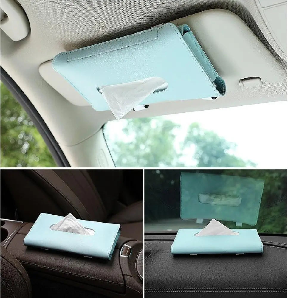 Premium leather car sun visor tissue box holder in light blue with a sleek rectangular design and clip for mounting