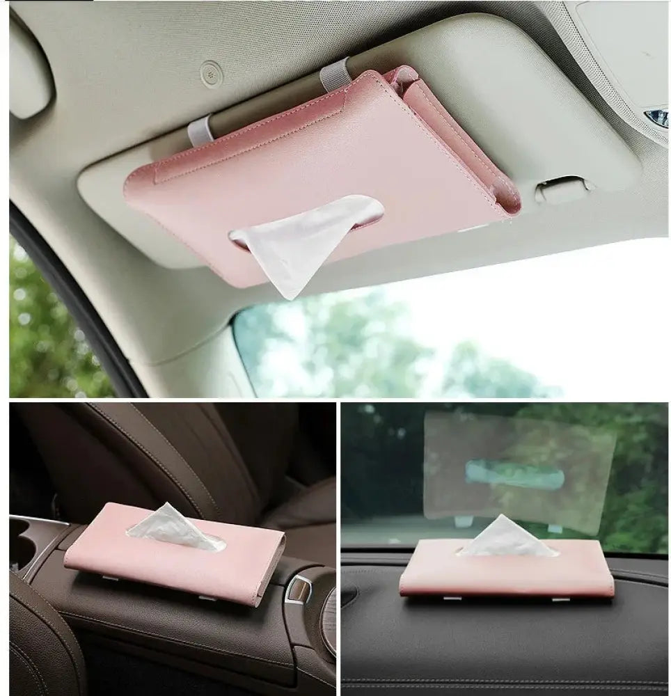 Premium leather car sun visor tissue box holder in pink with a sleek minimalist design for car interiors