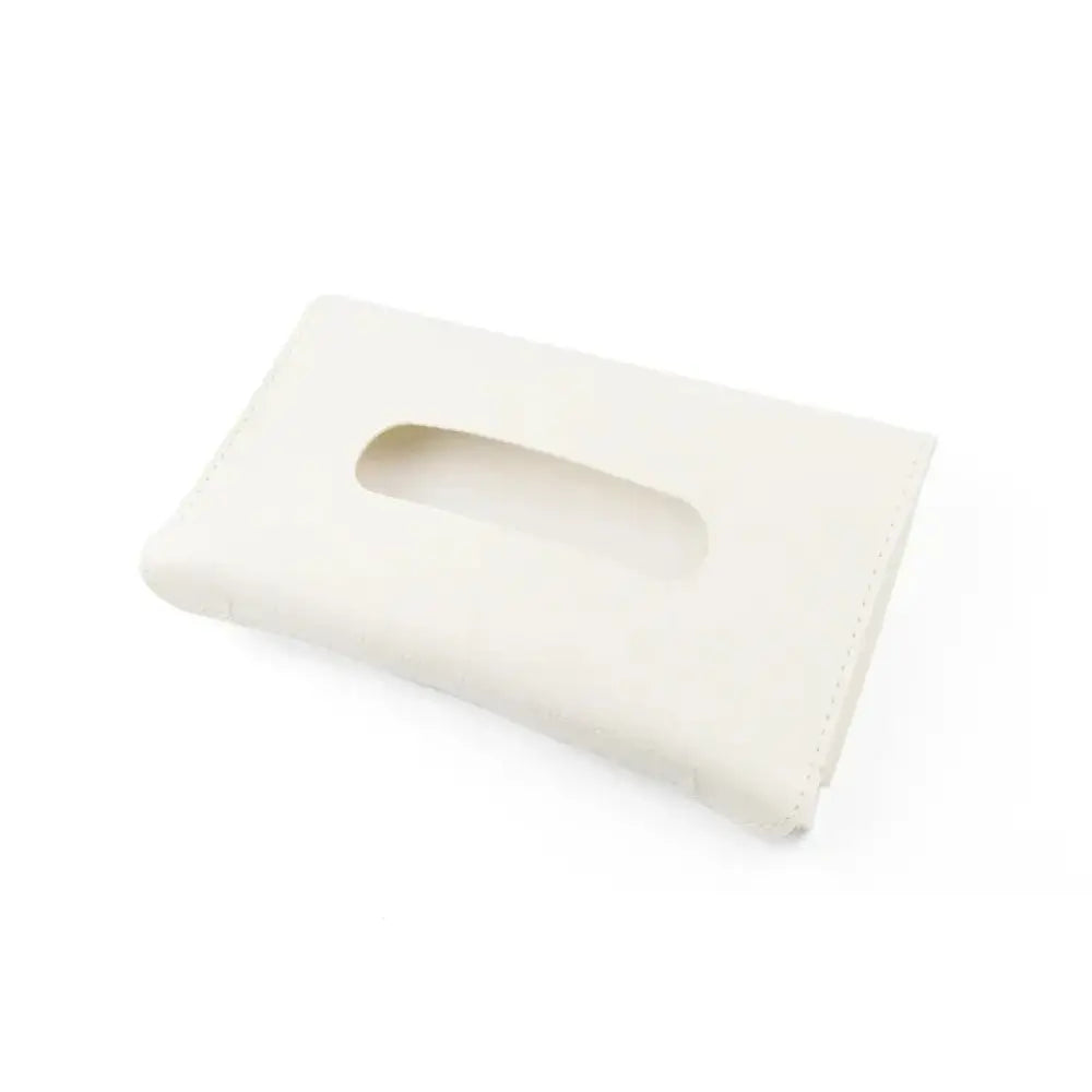 Premium leather car sun visor tissue box holder in cream with smooth textured surface and rectangular access cutout