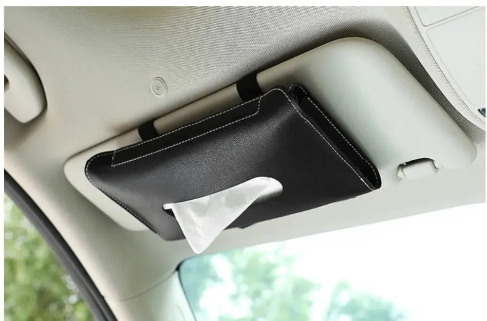 Black leather premium car sun visor tissue box holder mounted showing front side for convenient use