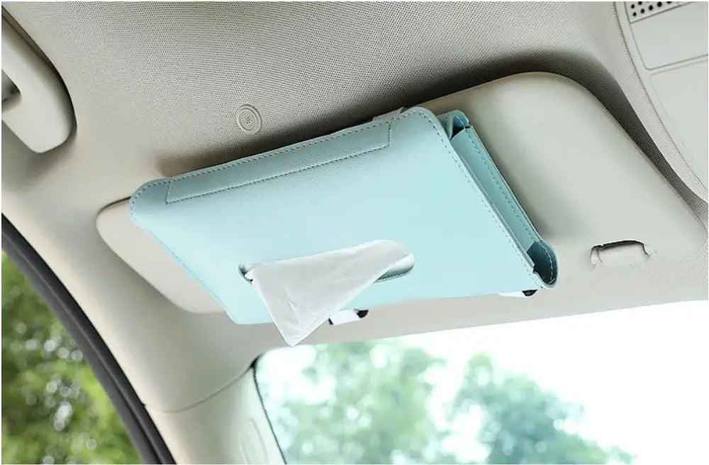 Premium leather car sun visor tissue box holder in light blue faux leather with sleek minimalist design and subtle stitching details