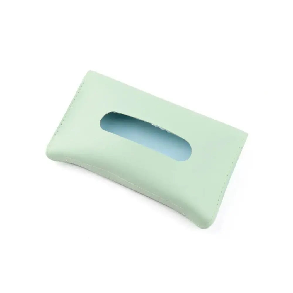 Premium leather car sun visor tissue box holder in soft mint green leather with smooth textured surface and stitched edges