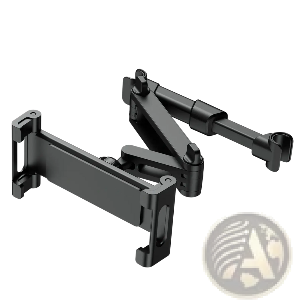 Black adjustable car tablet headrest mount with articulated arms and clamp for 4.7 to 13 inch devices