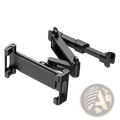 Black adjustable car tablet headrest mount with articulated arms and clamp for 4.7 to 13 inch devices