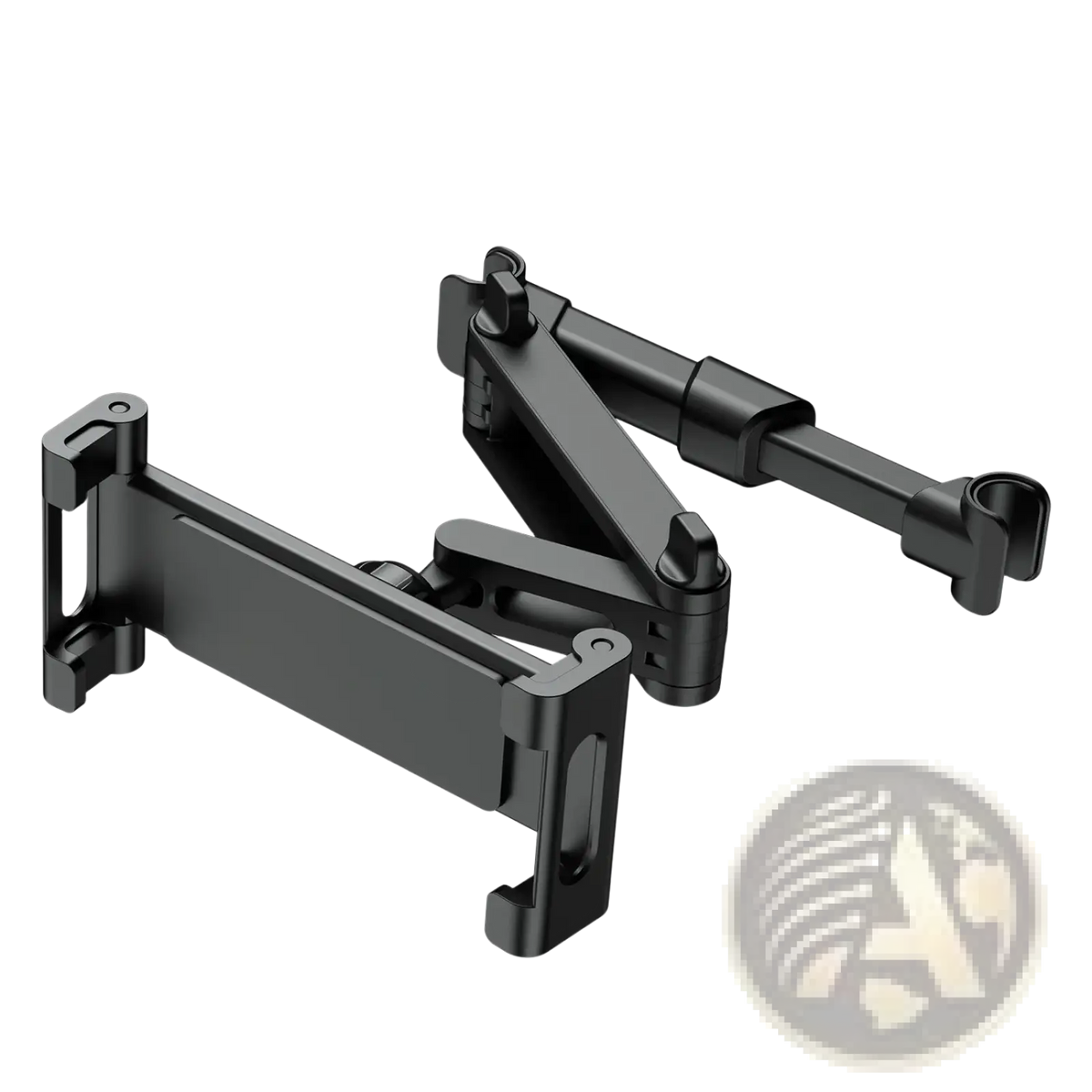 Black adjustable car tablet headrest mount with articulated arms and clamp for 4.7 to 13 inch devices