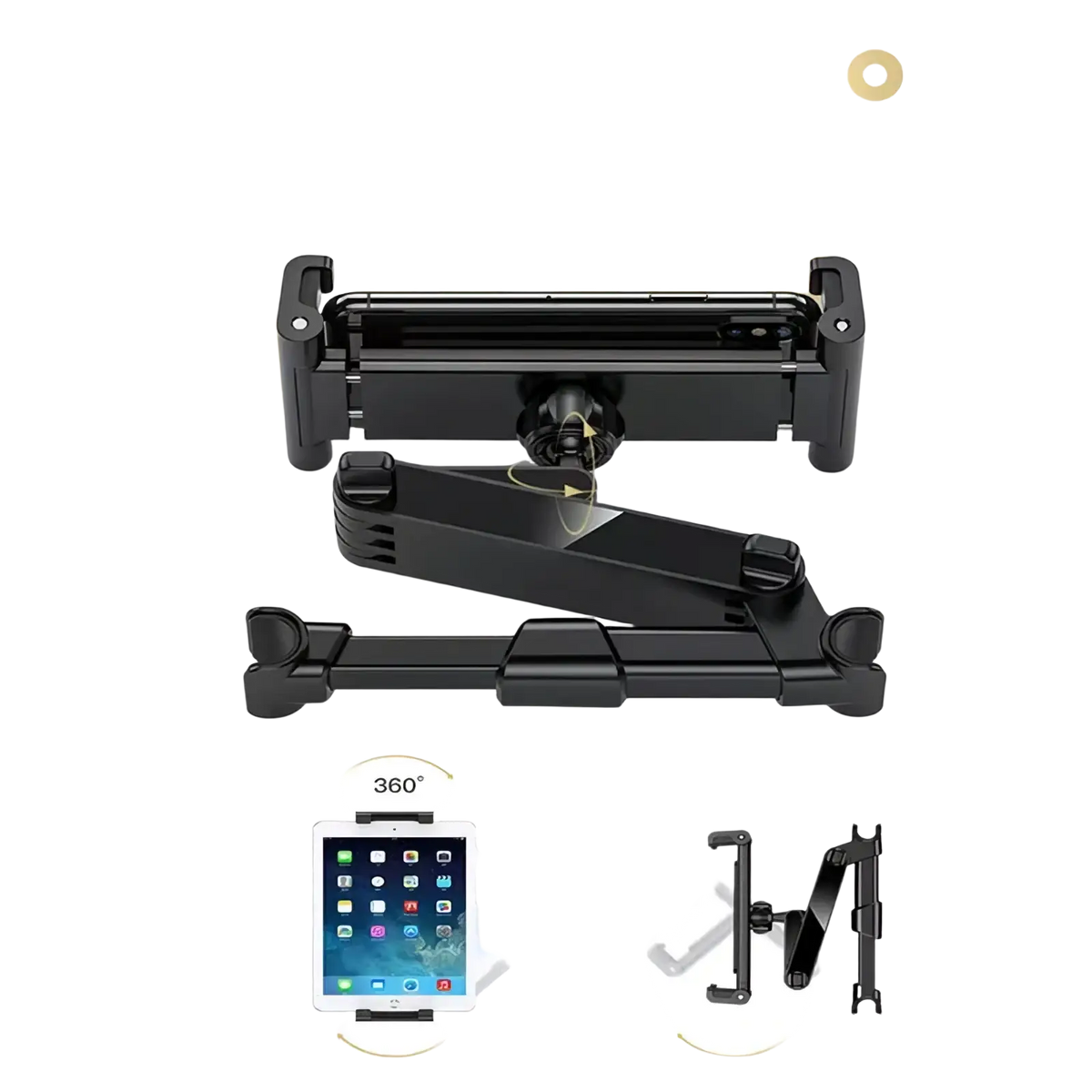 Black adjustable car mount with 360-degree rotation and articulated arm for 4.7 to 13 inch tablets shown from back side
