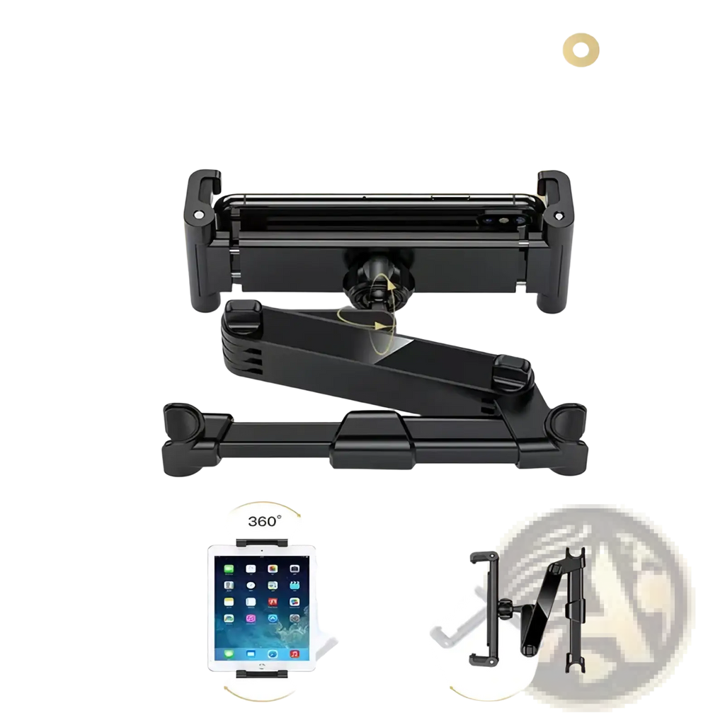 Black adjustable car mount with 360-degree rotation and articulated arm for 4.7 to 13 inch tablets shown from back side