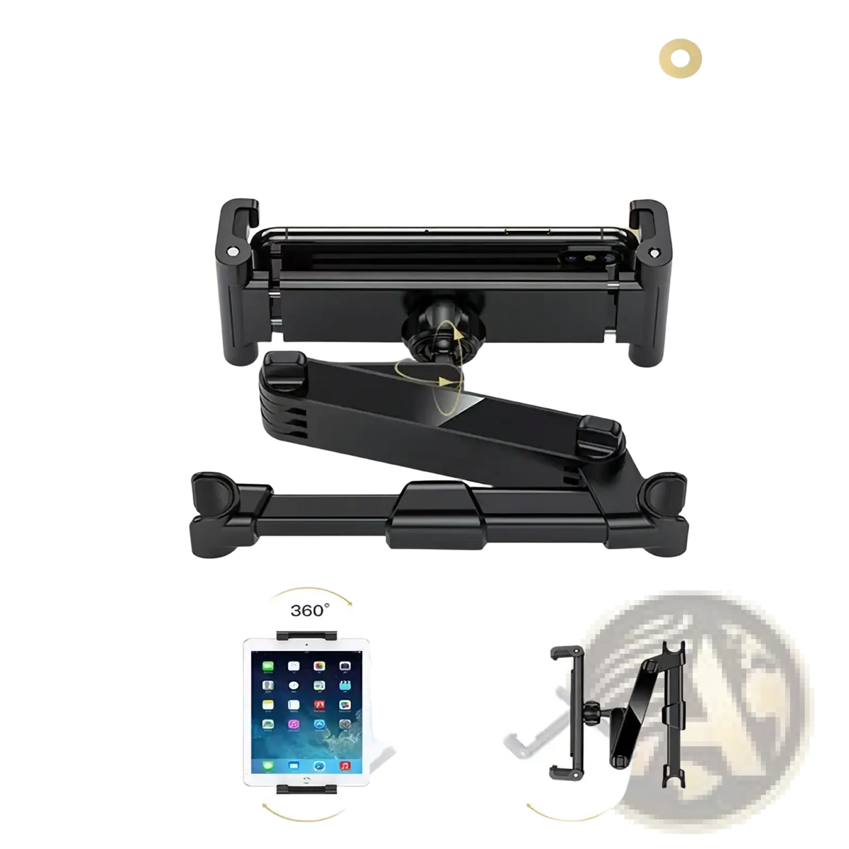 Black adjustable car mount with 360-degree rotation and articulated arm for 4.7 to 13 inch tablets shown from back side