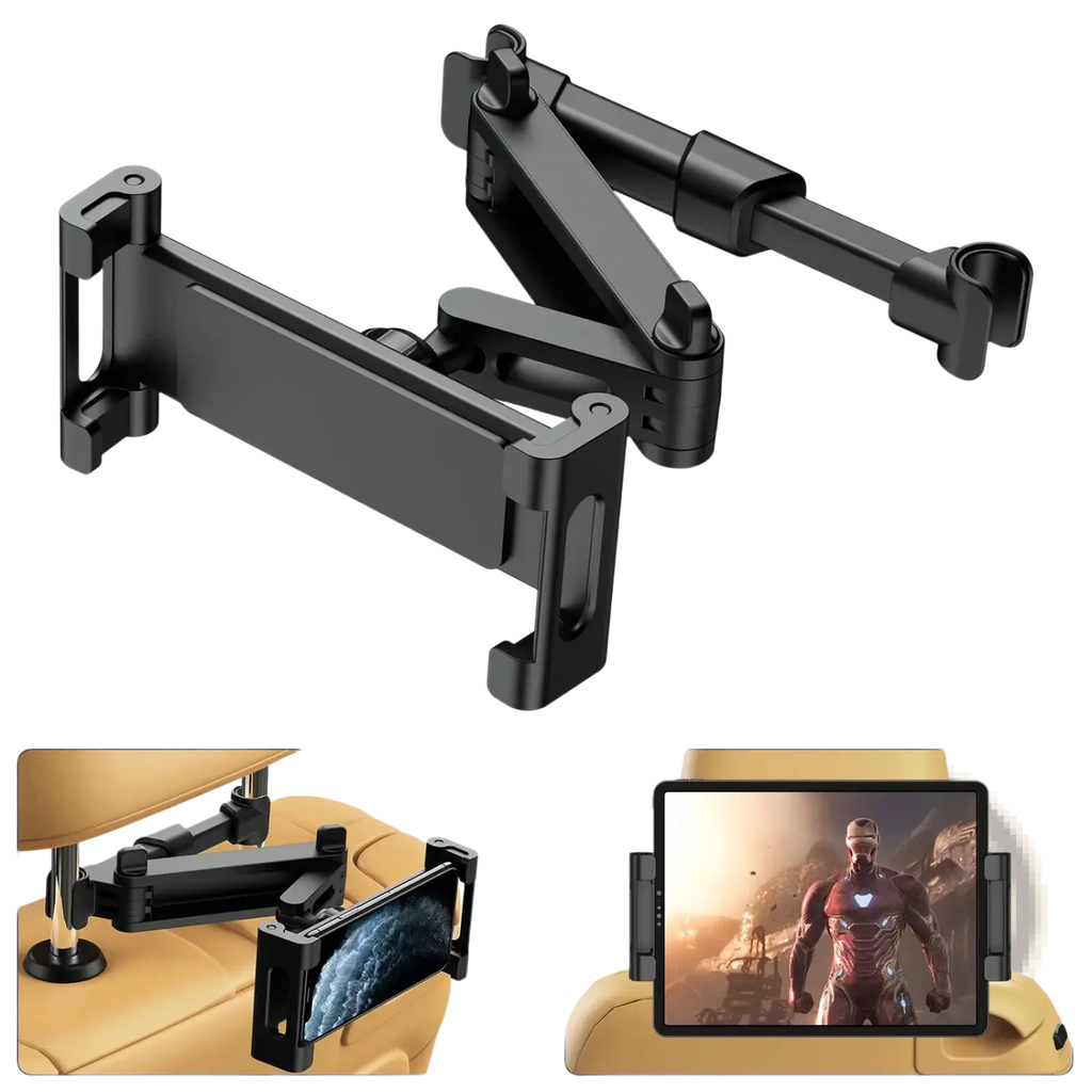 Black adjustable car tablet headrest mount with articulated arms and clamp for 4.7 to 13 inch devices