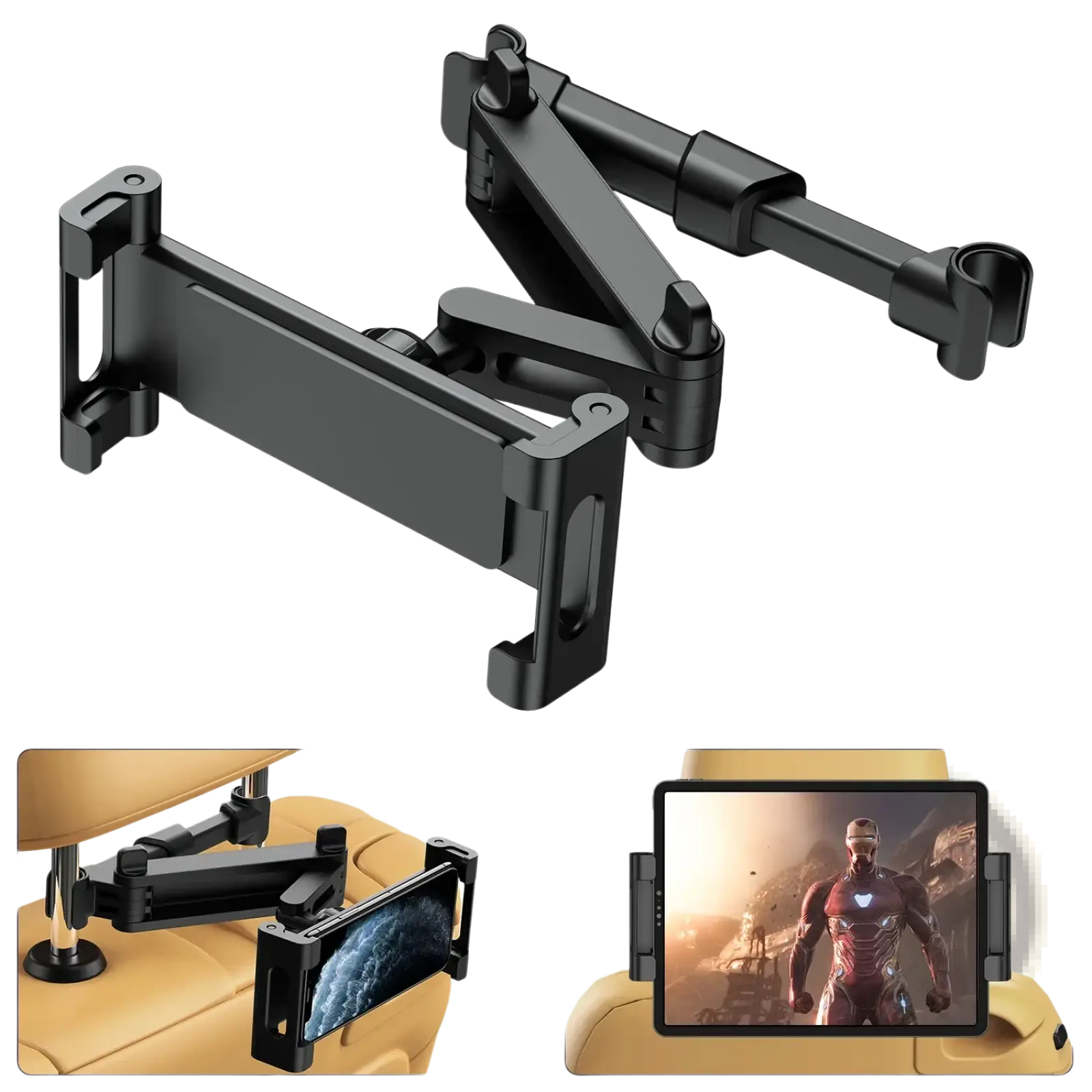 Black adjustable car tablet headrest mount with articulated arms and clamp for 4.7 to 13 inch devices