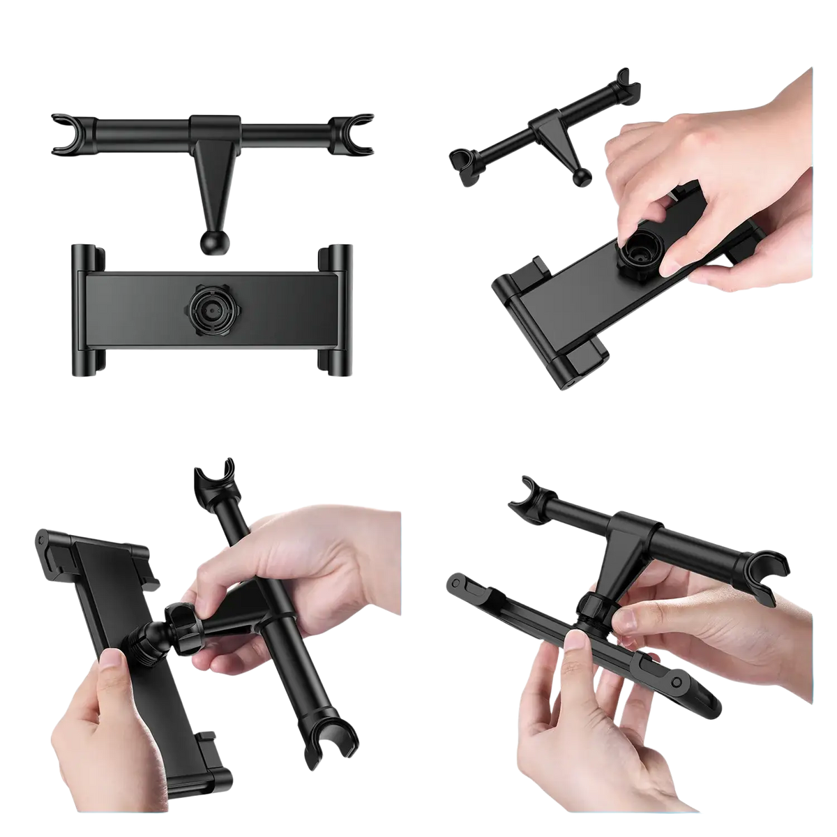 Black plastic car phone mount with adjustable arms and pivot point for 4.7 to 13 inch devices headrest mounting