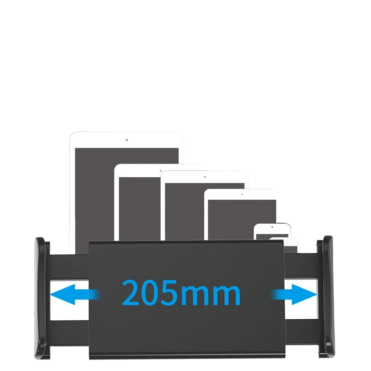 Black plastic car tablet headrest mount with 205mm clamp for 4.7 to 13 inch devices shown from the back side