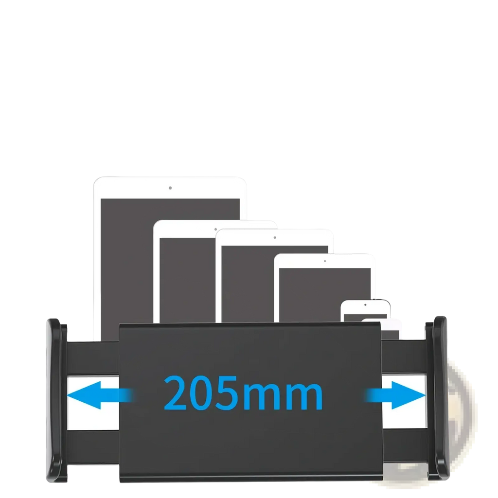 Black plastic car tablet headrest mount with 205mm clamp for 4.7 to 13 inch devices shown from the back side