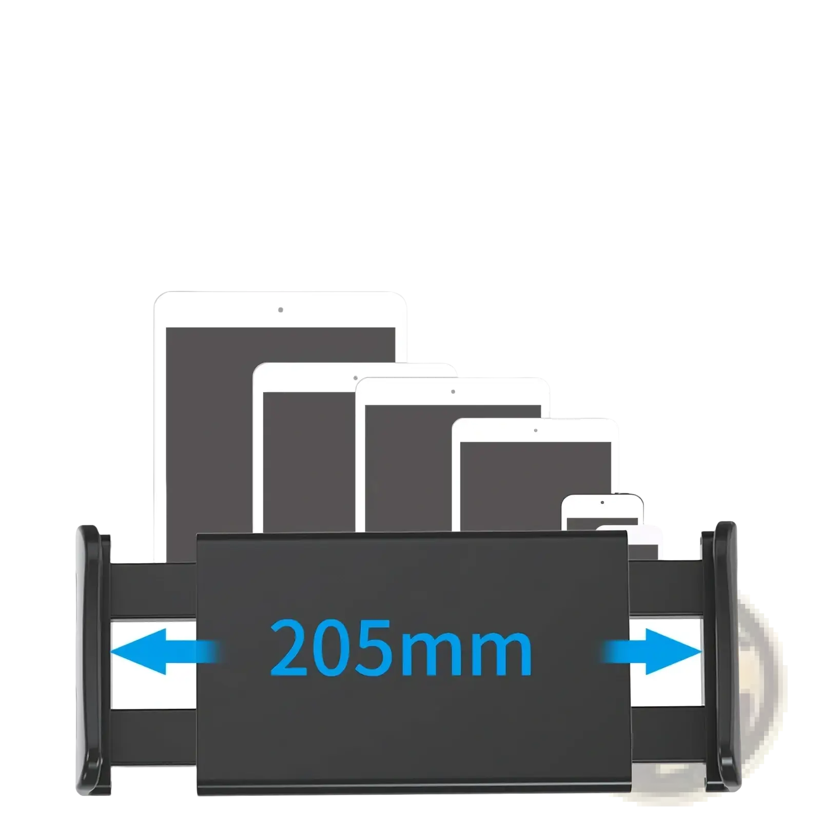 Black plastic car tablet headrest mount with 205mm clamp for 4.7 to 13 inch devices shown from the back side