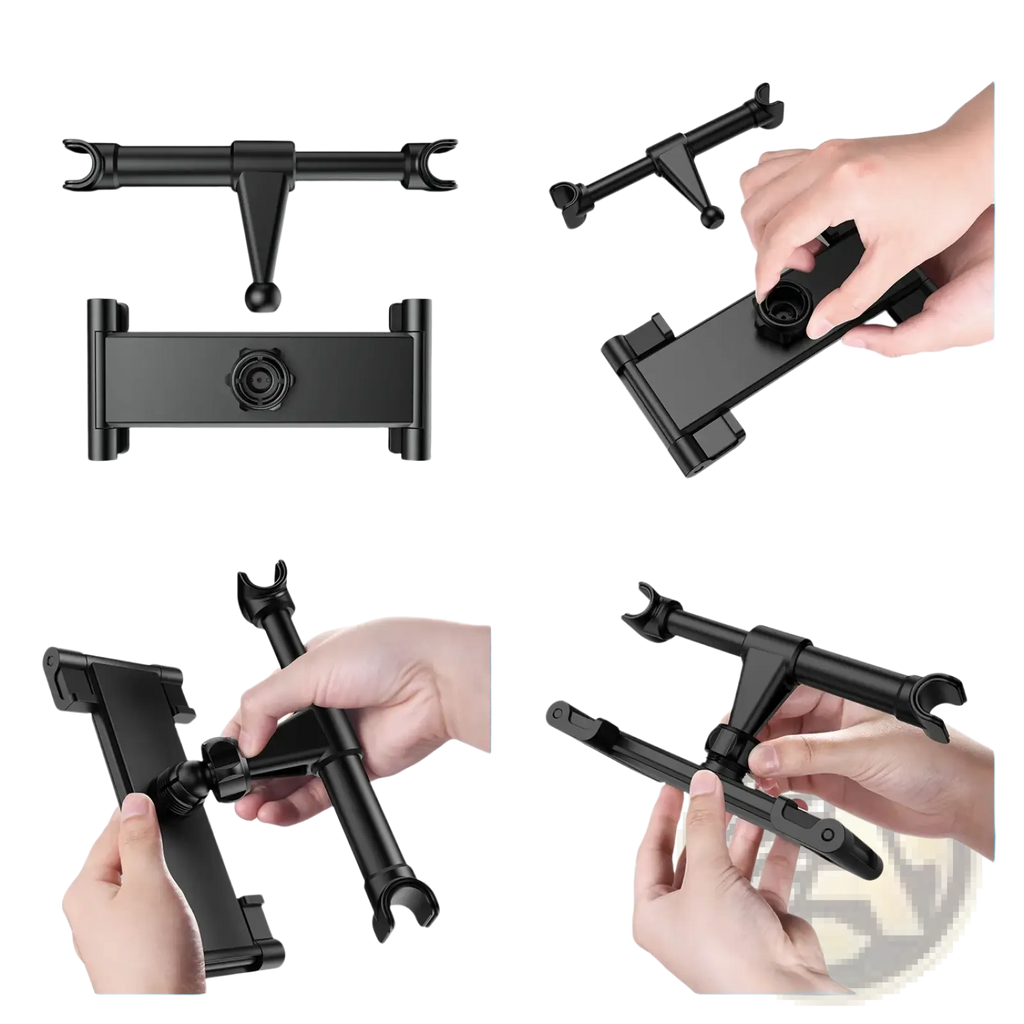 Black plastic car phone mount with adjustable arms and pivot point for 4.7 to 13 inch devices headrest mounting