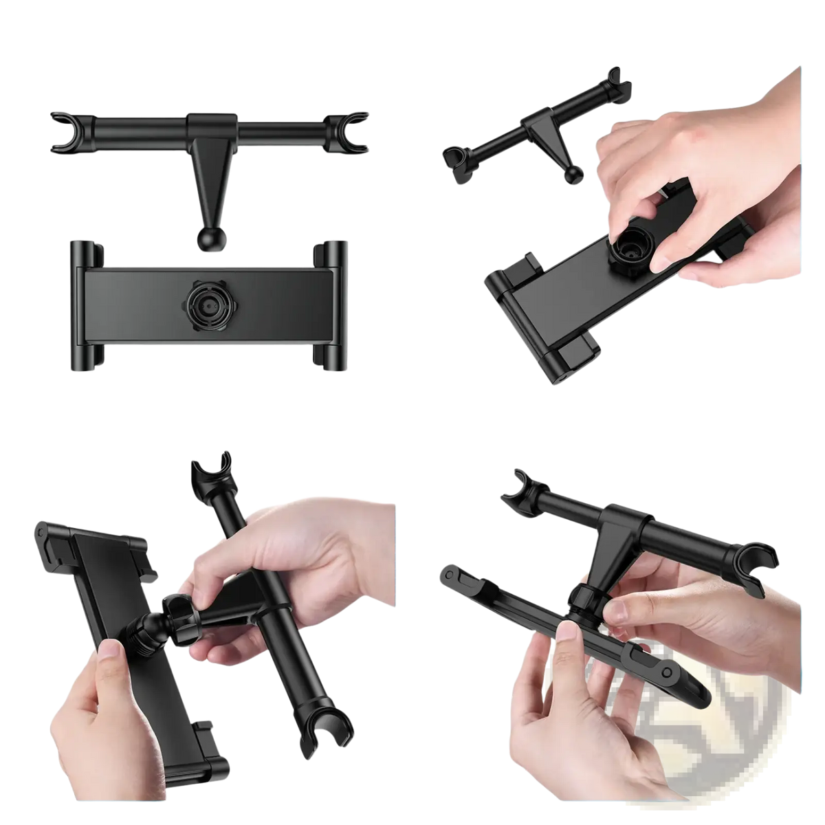 Black plastic car phone mount with adjustable arms and pivot point for 4.7 to 13 inch devices headrest mounting