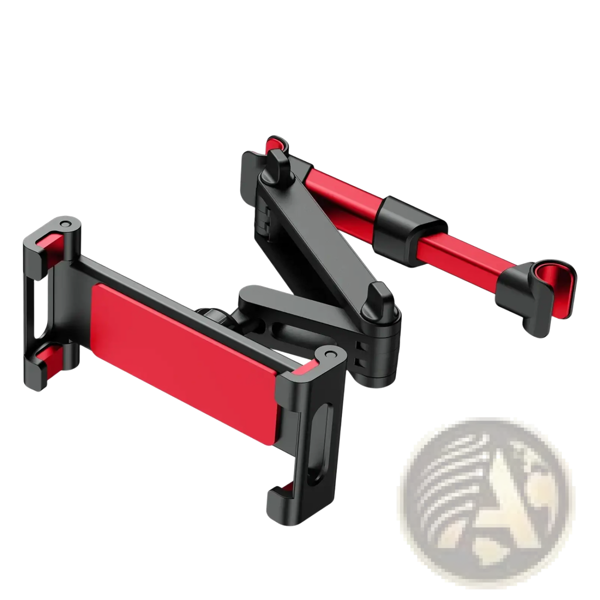 Red and black adjustable car tablet headrest mount with sleek articulated design for 4.7 to 13 inch devices