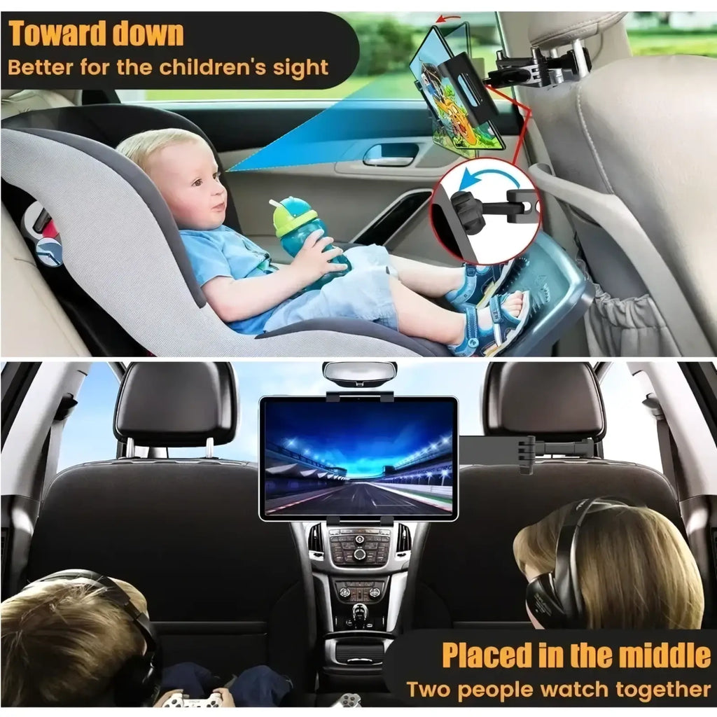Adjustable black car tablet holder headrest mount with clamp and rotating arm for devices 4.7 to 12.9 inch