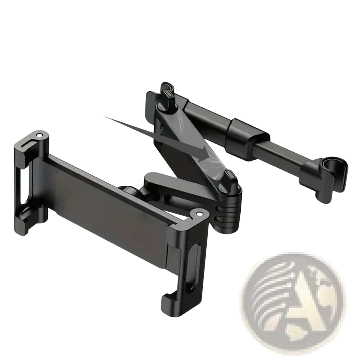 Black adjustable car tablet holder headrest mount with articulated arm and clamp for 4.7 to 12.9 inch devices