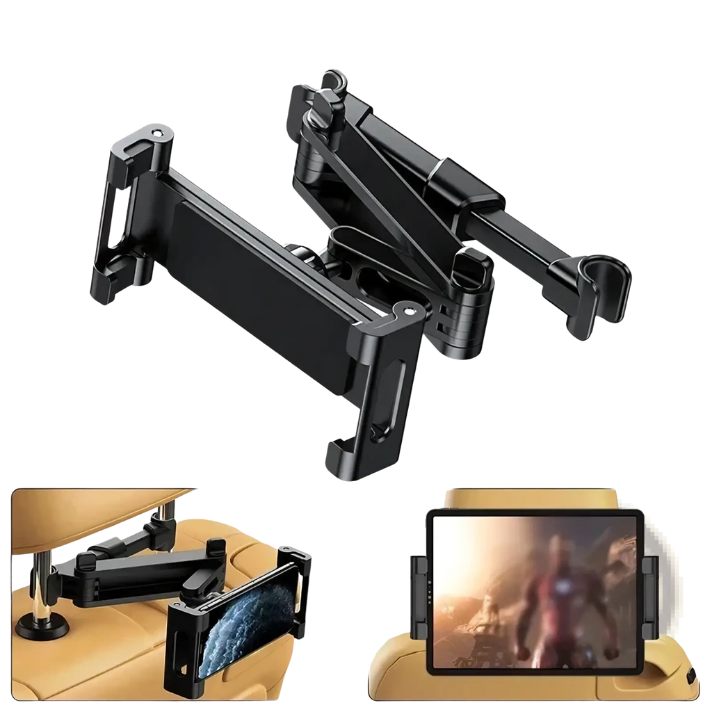 Black adjustable car tablet holder with articulated arms and clamp design for 4.7 to 12.9 inch tablets mounted on headrest