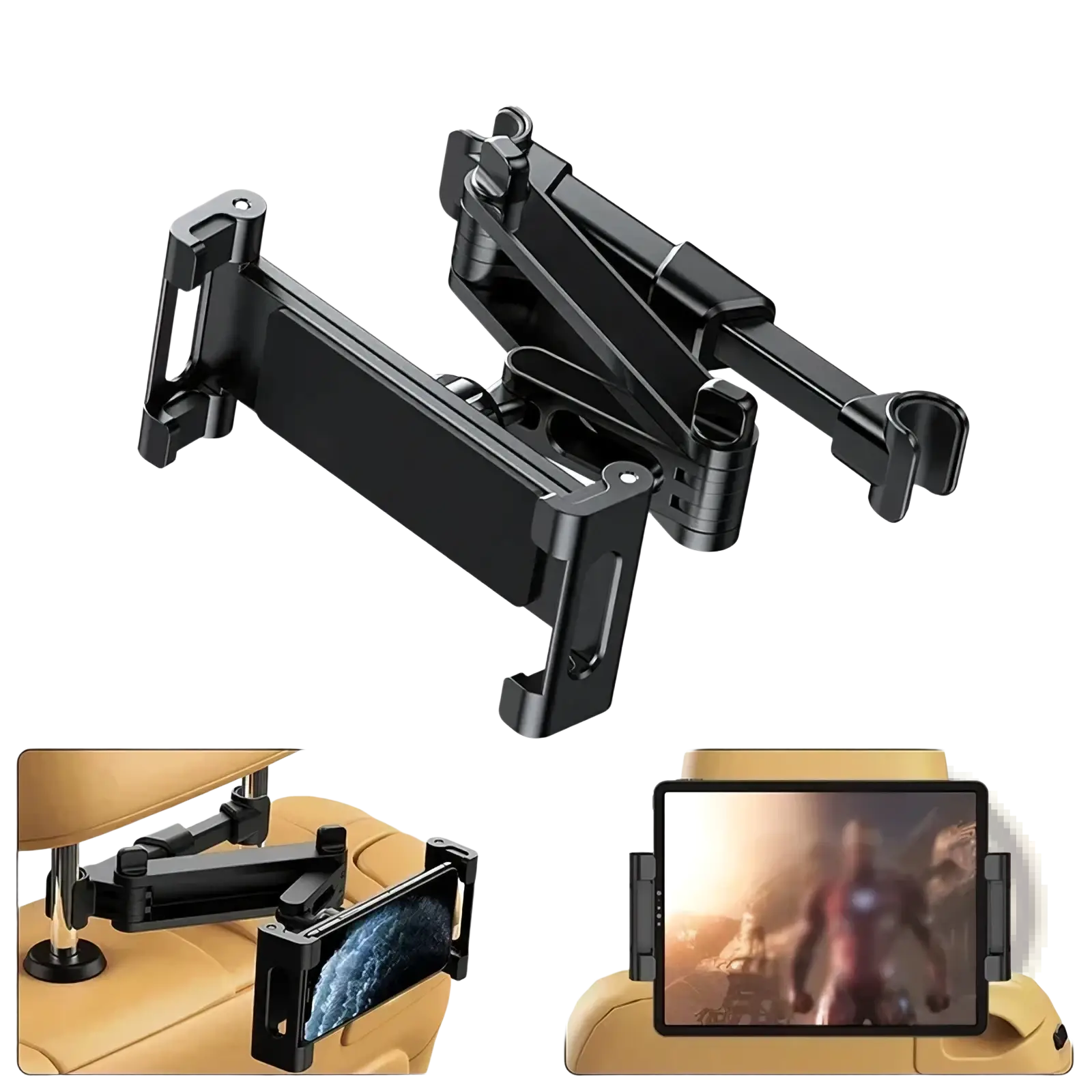 Black adjustable car tablet holder with articulated arms and clamp design for 4.7 to 12.9 inch tablets mounted on headrest