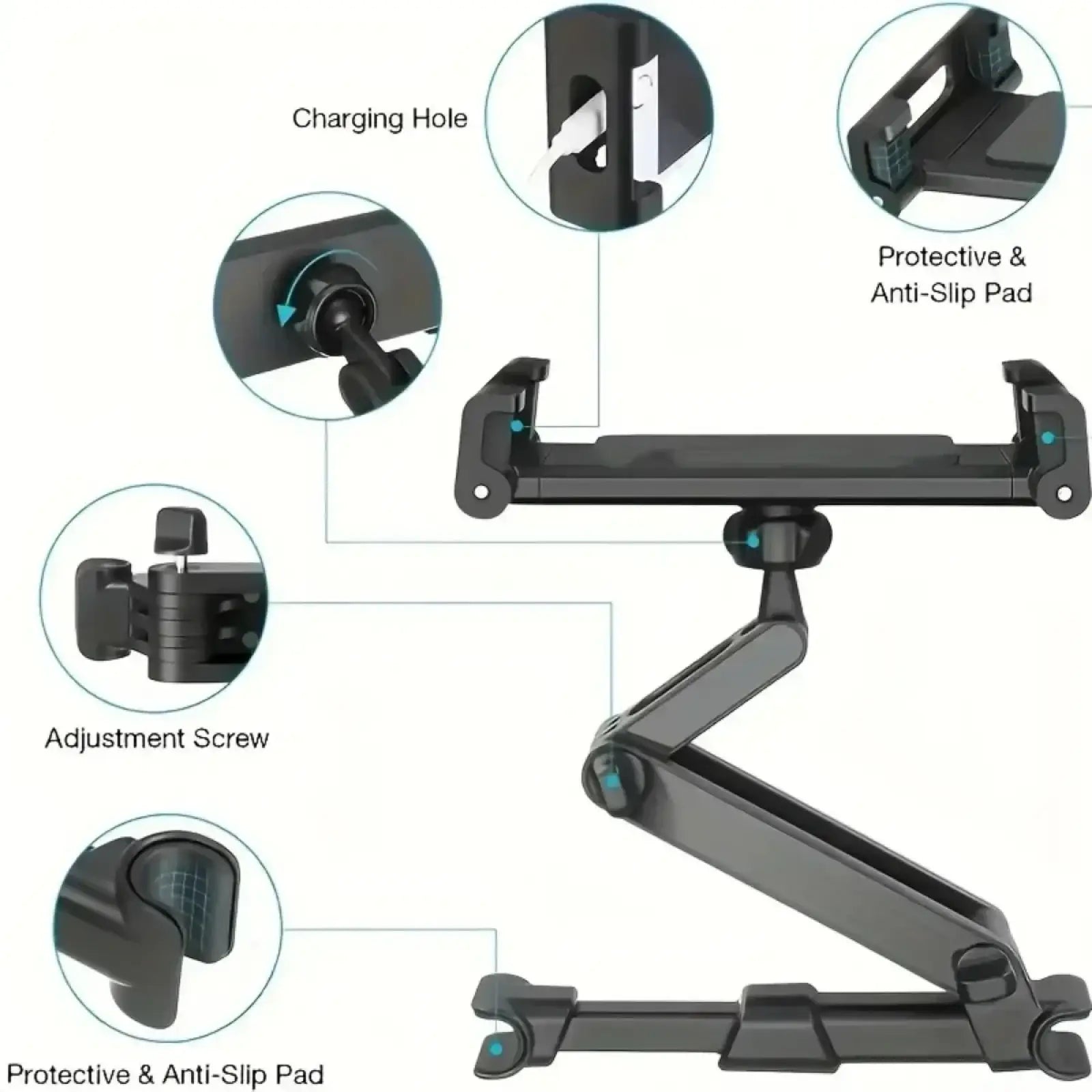 Black adjustable car tablet holder headrest mount with anti slip pads and charging hole for 4.7 to 12.9 inch tablets