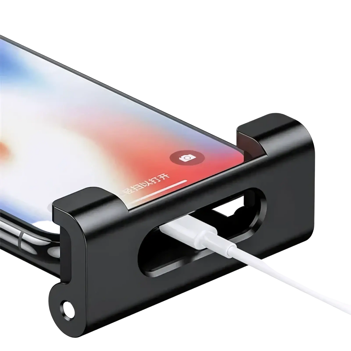 Black metal phone charging dock with white usb cable plugged in for car tablet holder headrest mount 4.7 to 12.9 inch