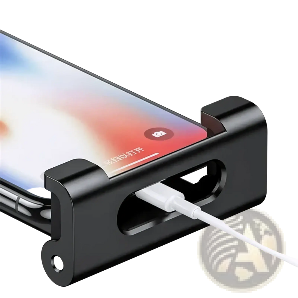 Black metal phone charging dock with white usb cable plugged in for car tablet holder headrest mount 4.7 to 12.9 inch