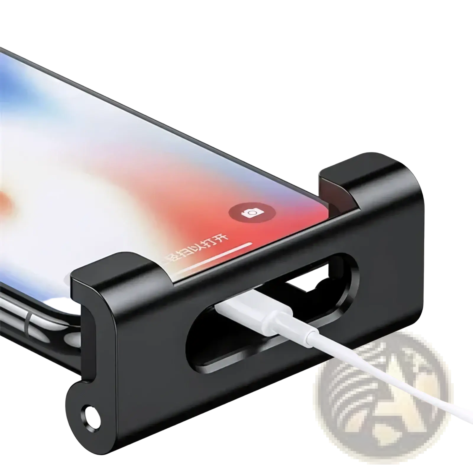 Black metal phone charging dock with white usb cable plugged in for car tablet holder headrest mount 4.7 to 12.9 inch