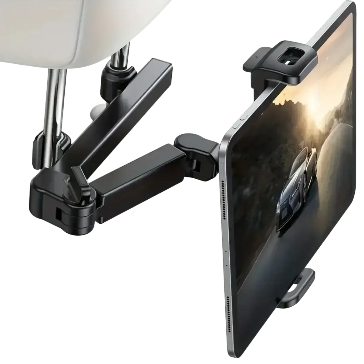 Black plastic car tablet holder with adjustable arms and clamp mounted on car seat headrest back side for 4.7 to 12.9 inch tablets