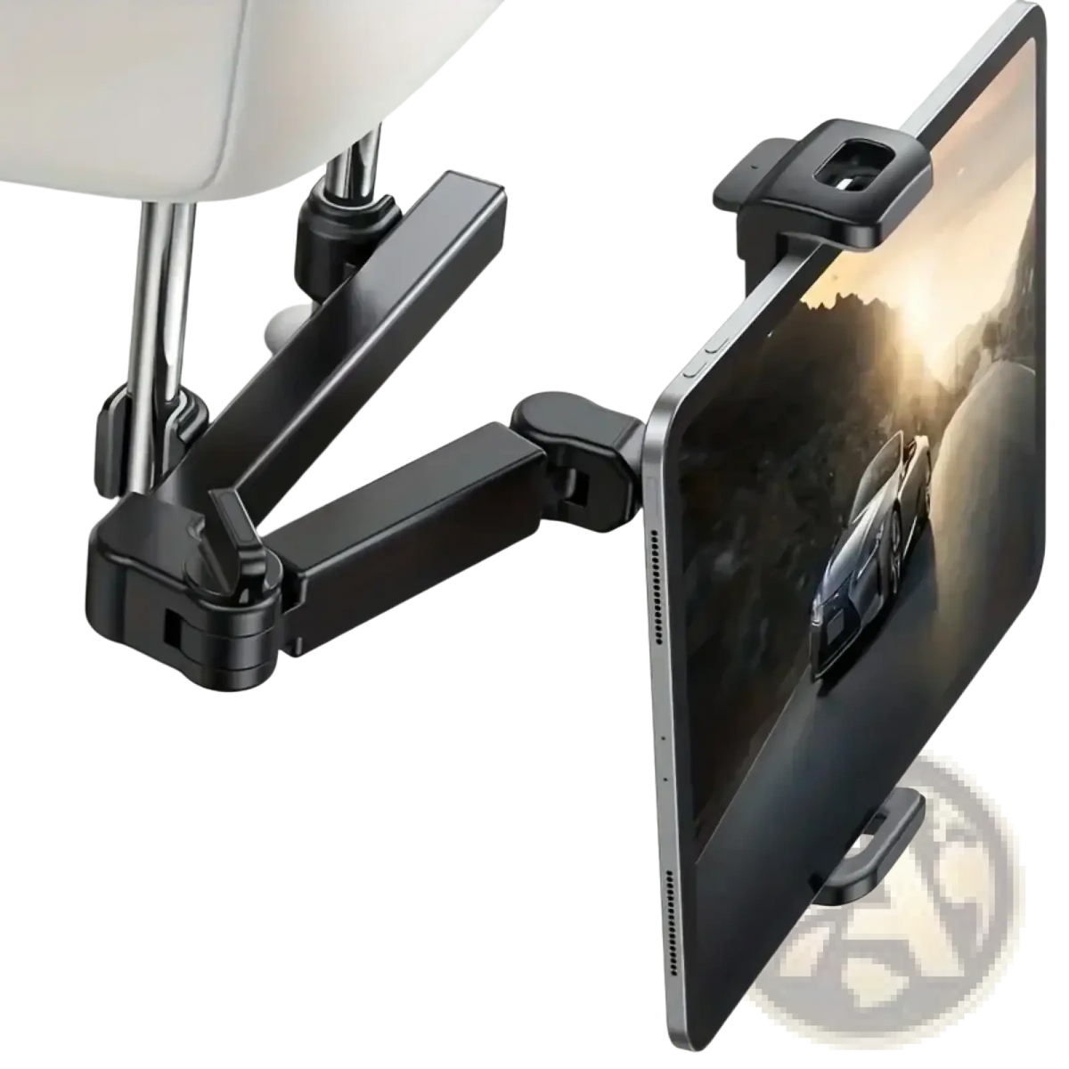 Black plastic car tablet holder with adjustable arms and clamp mounted on car seat headrest back side for 4.7 to 12.9 inch tablets
