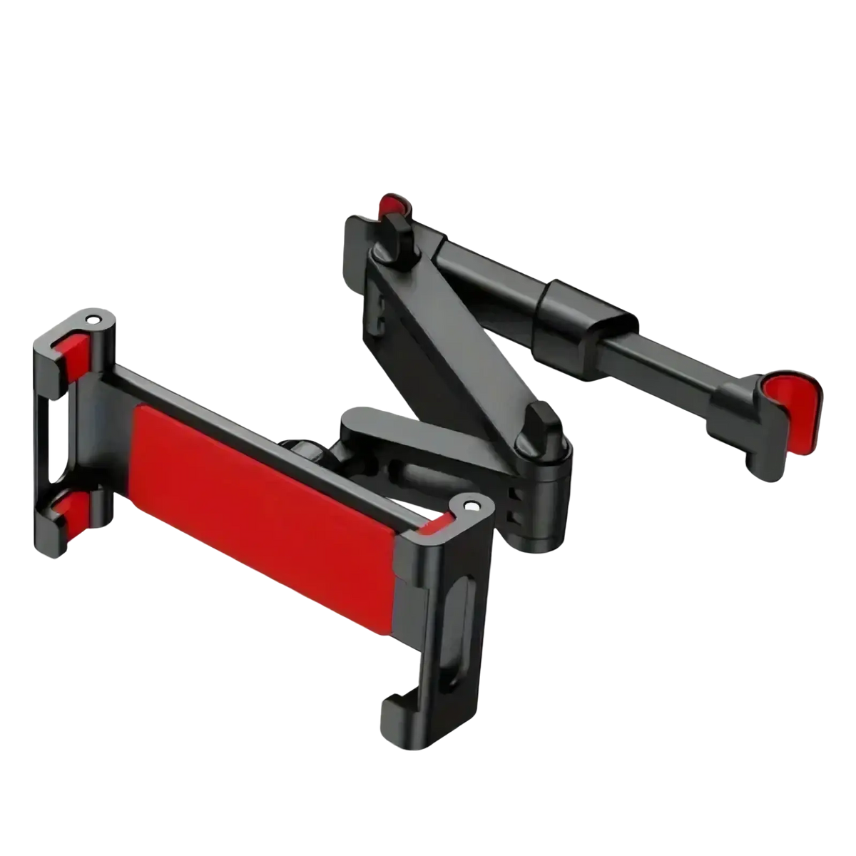 Black and red adjustable car tablet holder headrest mount with sleek articulated design for secure device holding