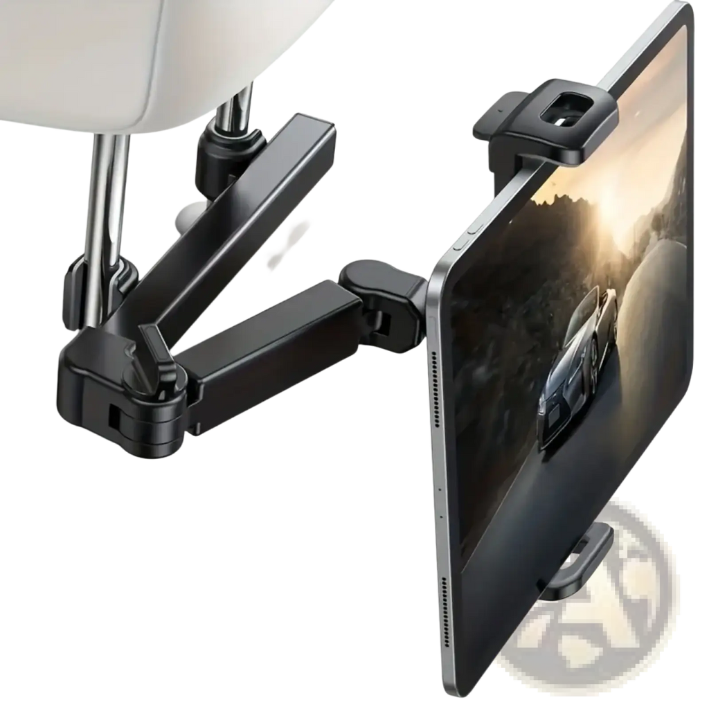 Black adjustable car tablet holder headrest mount securely holding a tablet for 4.7 to 12.9 inch devices