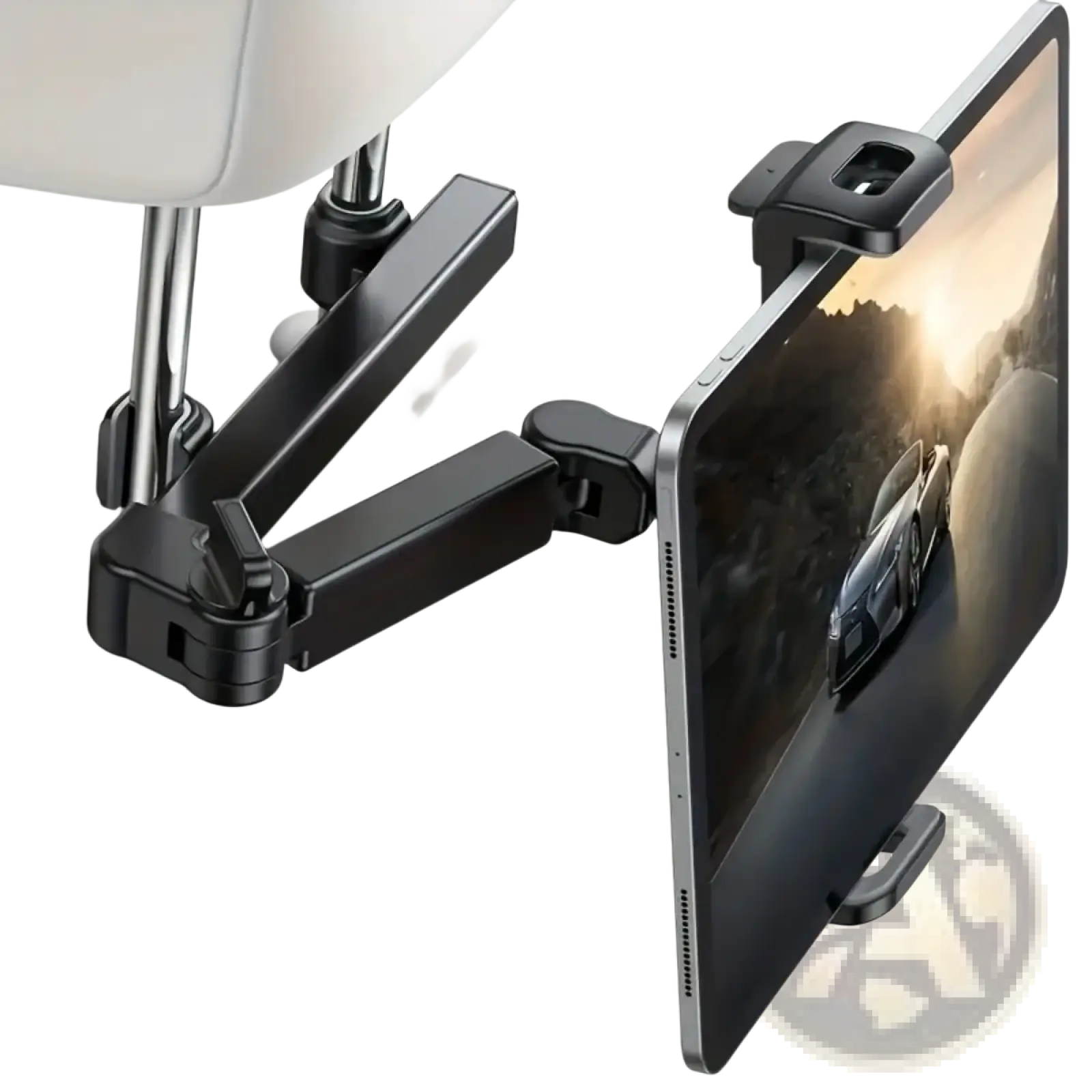Black adjustable car tablet holder headrest mount securely holding a tablet for 4.7 to 12.9 inch devices