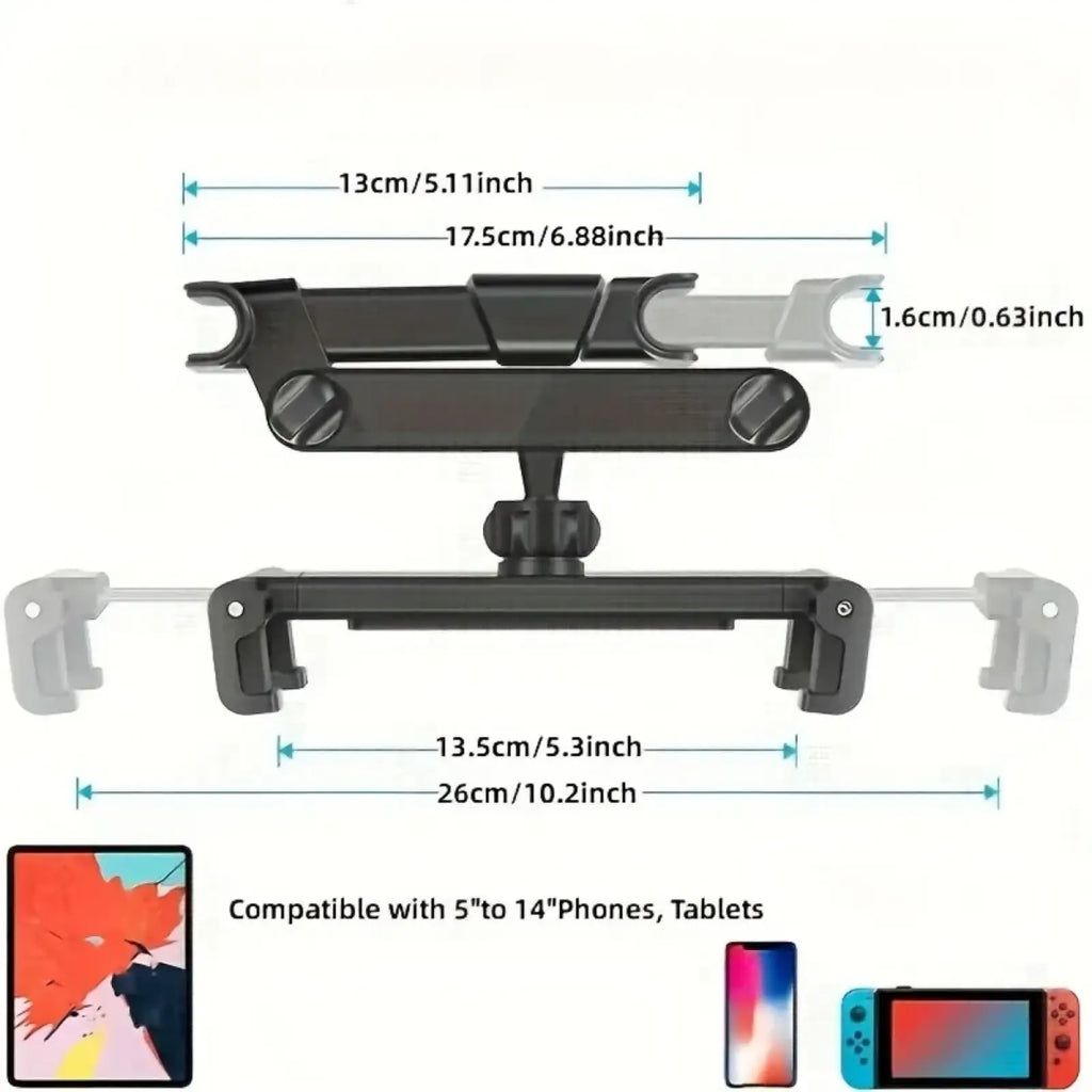 Black plastic car tablet holder headrest mount with adjustable clamps for 4.7 to 12.9 inch devices