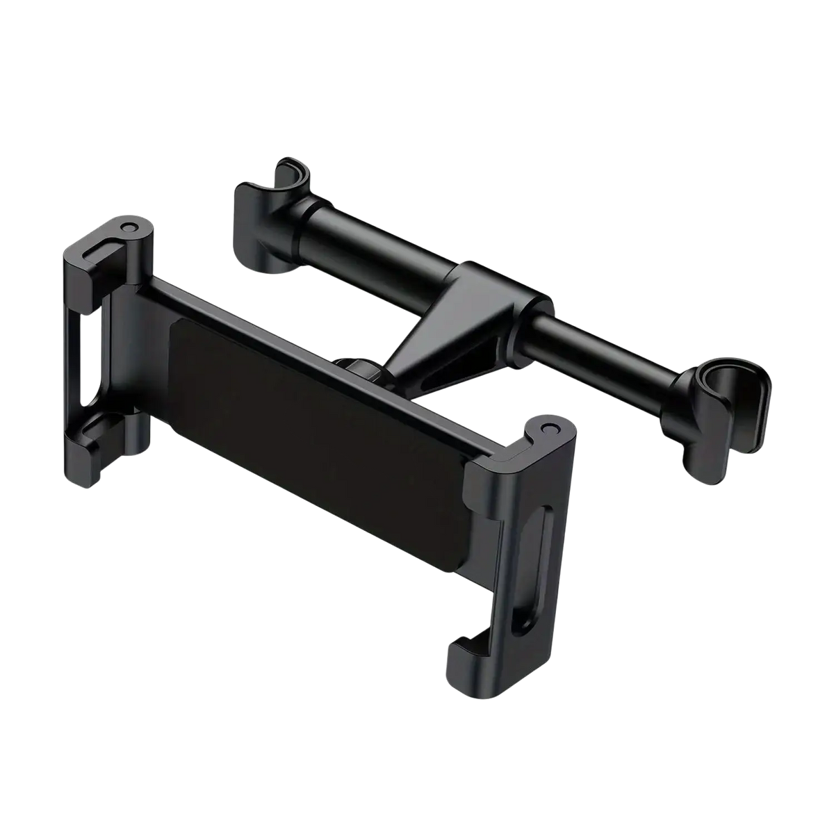 Black plastic car tablet holder headrest mount with adjustable arms and clip-on ends for 4.7 to 12.9 inch devices