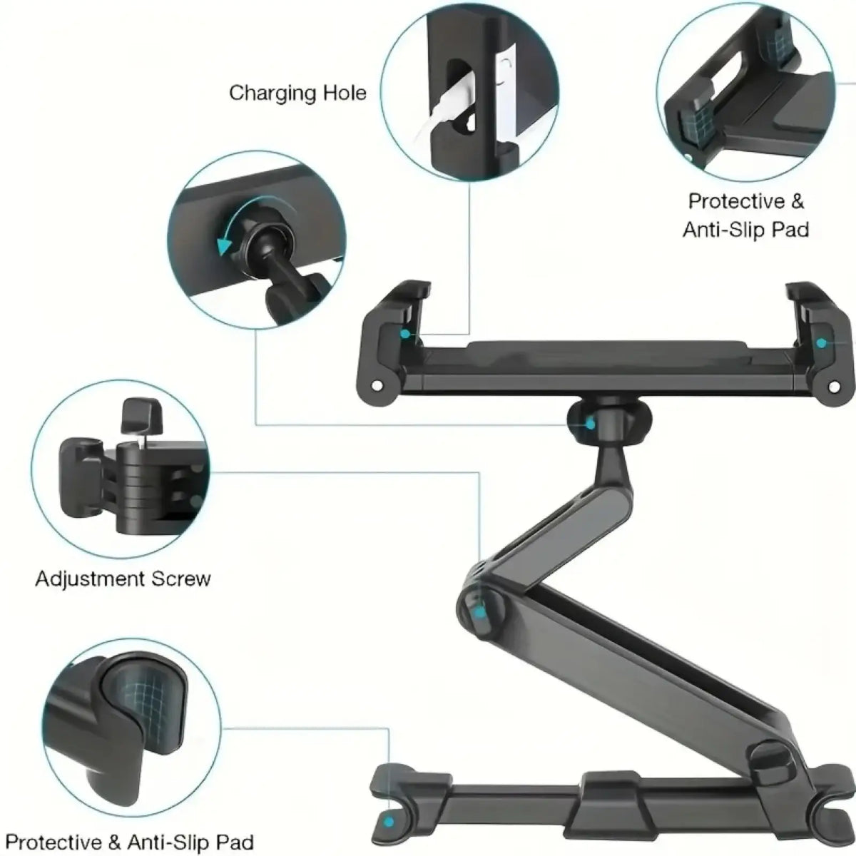 Black plastic car tablet holder headrest mount with adjustable arms and anti slip pads for 4.7 to 12.9 inch devices