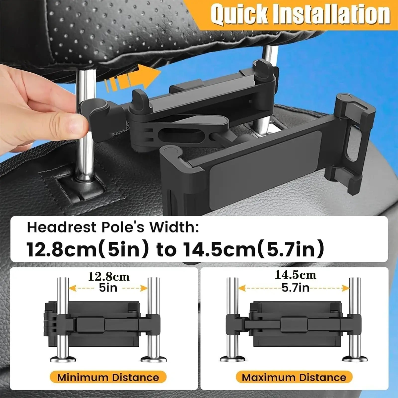 Black plastic car tablet holder headrest mount with adjustable clamps for secure mounting of devices 4.7 to 12.9 inch