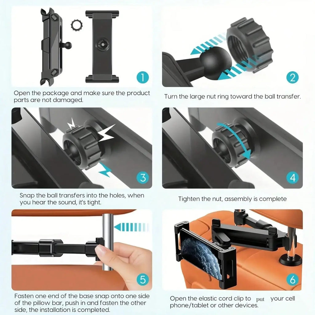 Black plastic car phone mount with adjustable arm and ball joint for 4.7 to 12.9 inch devices headrest mount